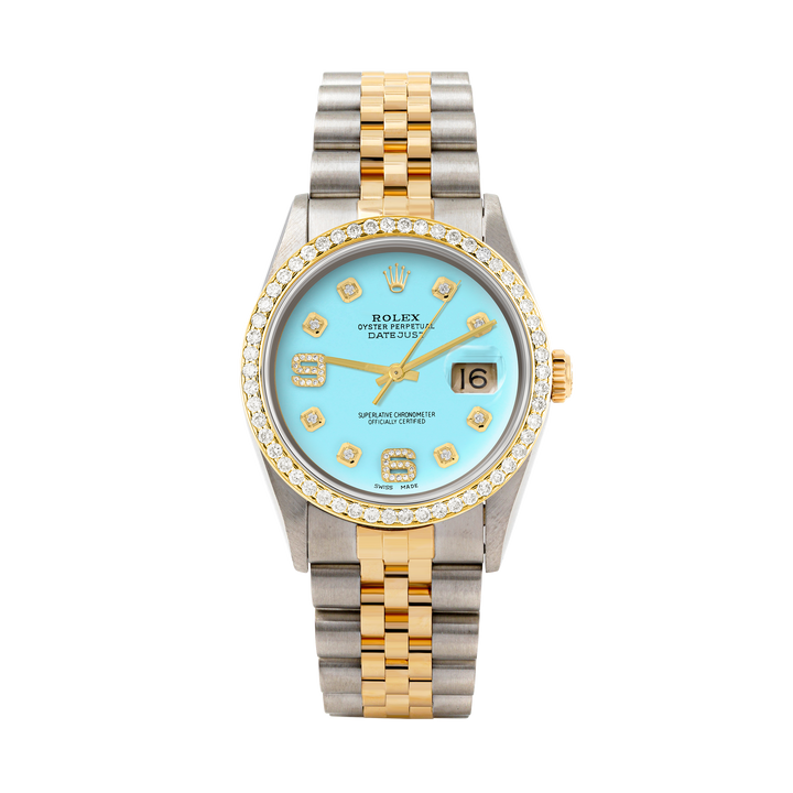 Rolex Datejust 36mm TWO TONE 16233 Tiffany Blue Dial |  6&9 Diamond  Hour Markers | 1ct Diamond Bezel