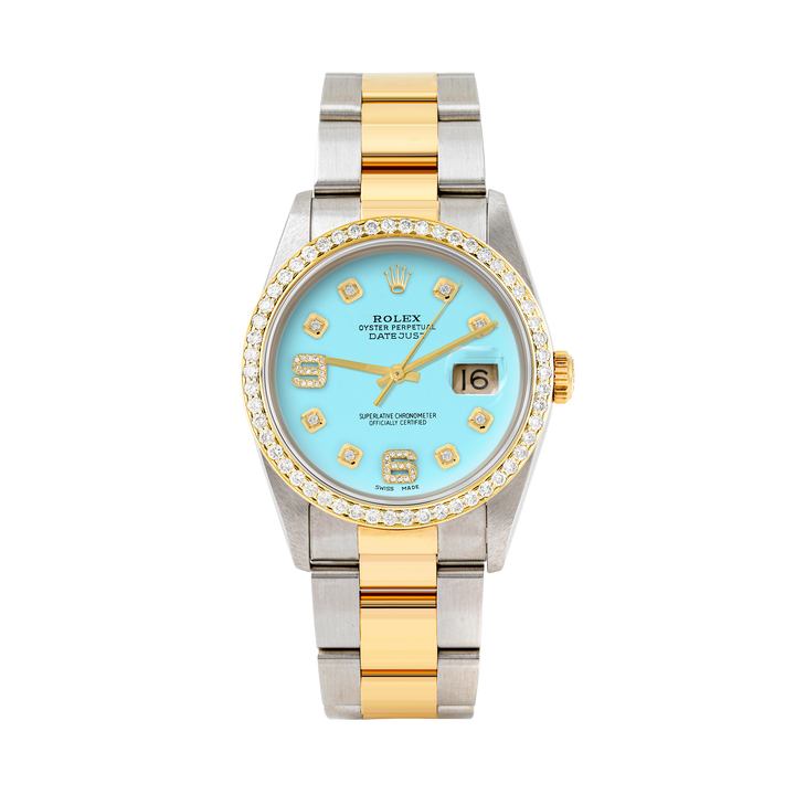 Rolex Datejust 36mm TWO TONE 16233 Tiffany Blue Dial |  6&9 Diamond  Hour Markers | 1ct Diamond Bezel