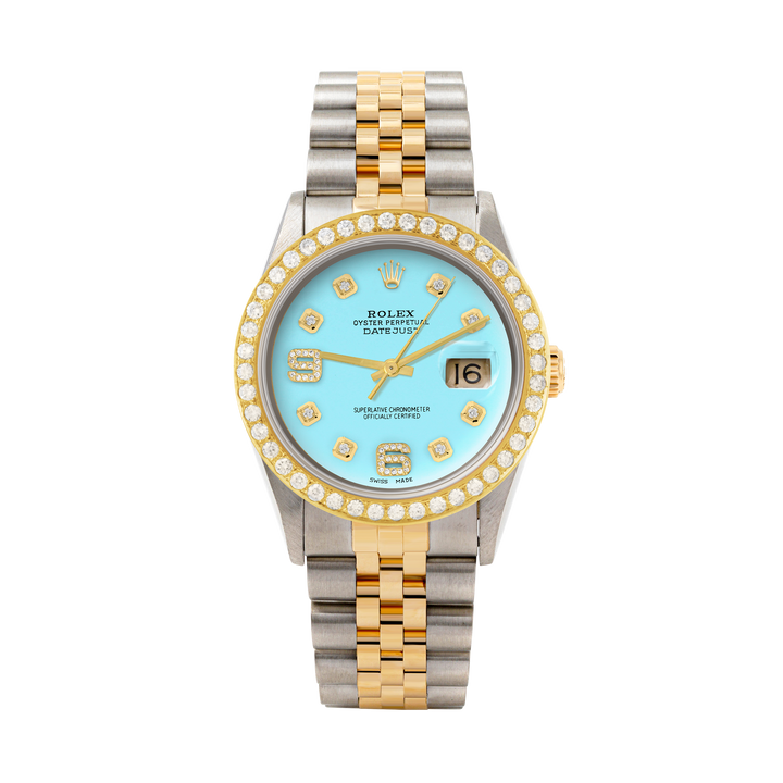 Rolex Datejust 36mm TWO TONE 16233 Tiffany Blue  Dial |  6&9 Diamond  Hour Markers | 2ct Diamond Bezel