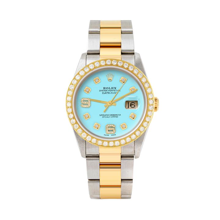 Rolex Datejust 36mm TWO TONE 16233 Tiffany Blue  Dial |  6&9 Diamond  Hour Markers | 2ct Diamond Bezel