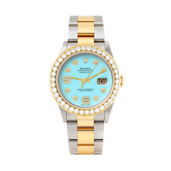 Rolex Datejust 36mm TWO TONE 16233 Tiffany Blue Dial | 6&9 Diamond Hour Markers | 2.5ct Diamond Bezel