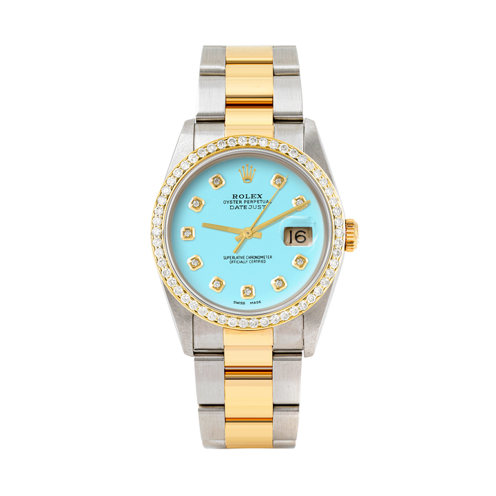 Rolex Datejust 36mm TWO TONE 16233 Tiffany Blue Dial |  Diamond Hour Markers | 1ct Diamond Bezel