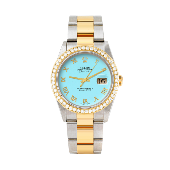 Rolex Datejust 36mm TWO TONE 16233 Tiffany Blue Dial | Roman Hour Markers | 1.8ct Diamond Bezel