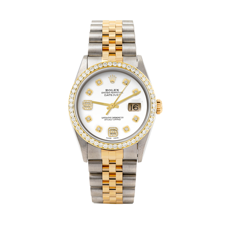 Rolex Datejust 36mm TWO TONE 16233 White Dial |  6&9 Diamond  Hour Markers | 1ct Diamond Bezel