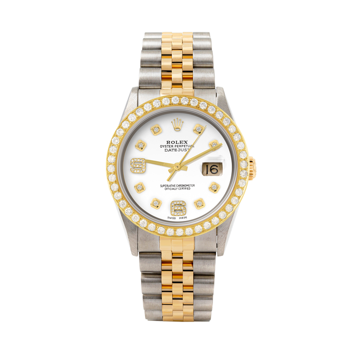 Rolex Datejust 36mm TWO TONE 16233 White Dial |  6&9 Diamond  Hour Markers | 2ct Diamond Bezel