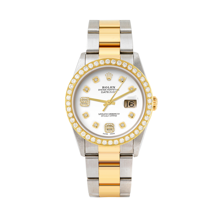 Rolex Datejust 36mm TWO TONE 16233 White Dial |  6&9 Diamond  Hour Markers | 2ct Diamond Bezel