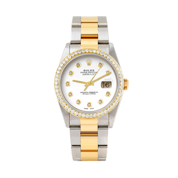 Rolex Datejust 36mm TWO TONE 16233 White  Dial |  Diamond Hour Markers | 1ct Diamond Bezel