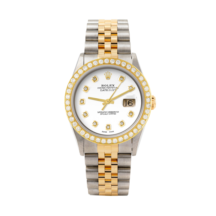 Rolex Datejust 36mm TWO TONE 16233 White  Dial | Diamond Hour Markers | 2ct Diamond Bezel
