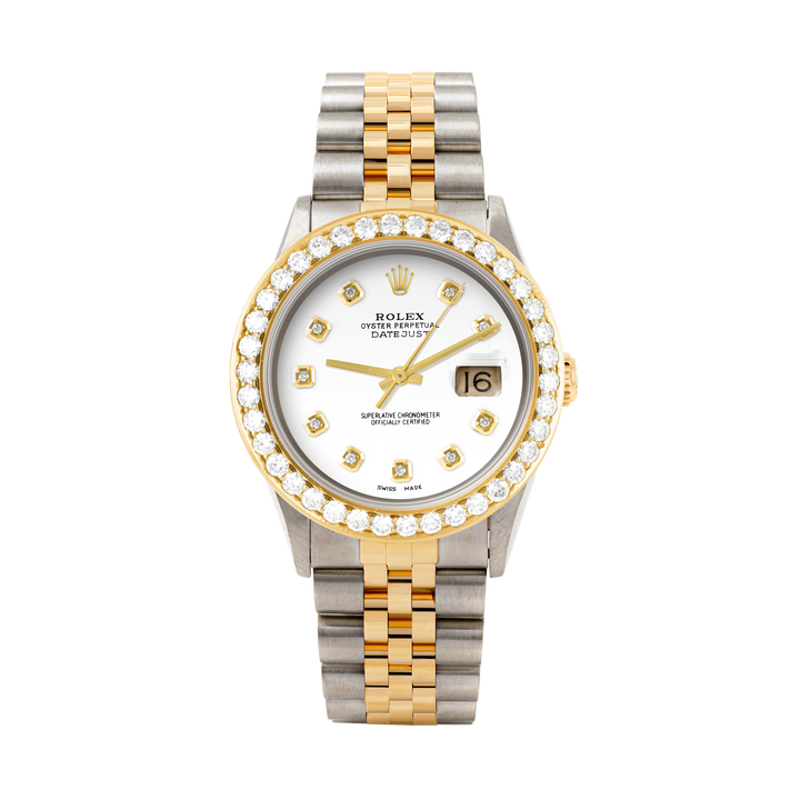 Rolex Datejust 36mm TWO TONE 16233 White  Dial | Diamond Hour Markers | 2.5ct Diamond Bezel