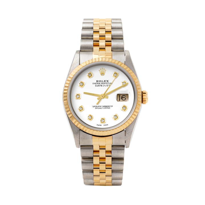 Rolex Datejust 36mm TWO TONE 16233 White Dial | Diamond  Hour Markers | Fluted Bezel