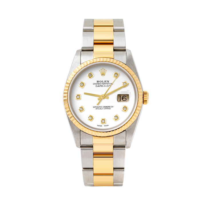 Rolex Datejust 36mm TWO TONE 16233 White Dial | Diamond  Hour Markers | Fluted Bezel
