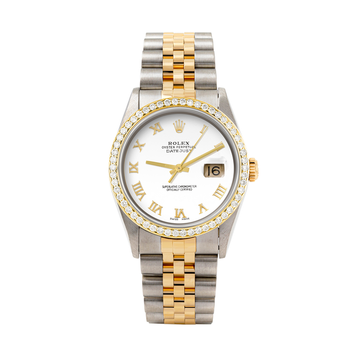 Rolex Datejust 36mm TWO TONE 16233 White  Dial | Roman Hour Markers | 1ct Diamond Bezel