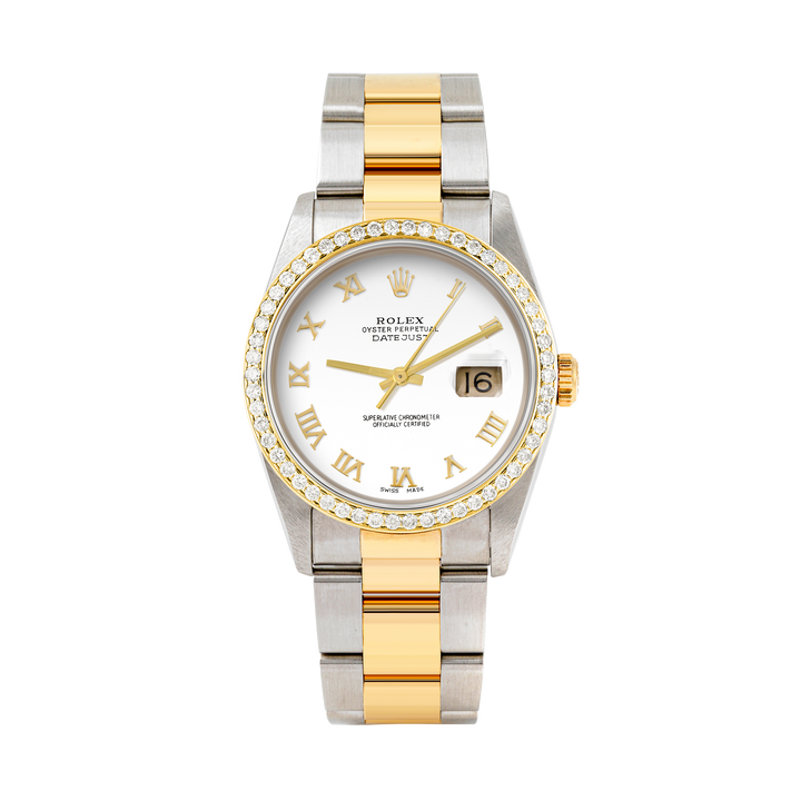 Rolex Datejust 36mm TWO TONE 16233 White  Dial | Roman Hour Markers | 1ct Diamond Bezel