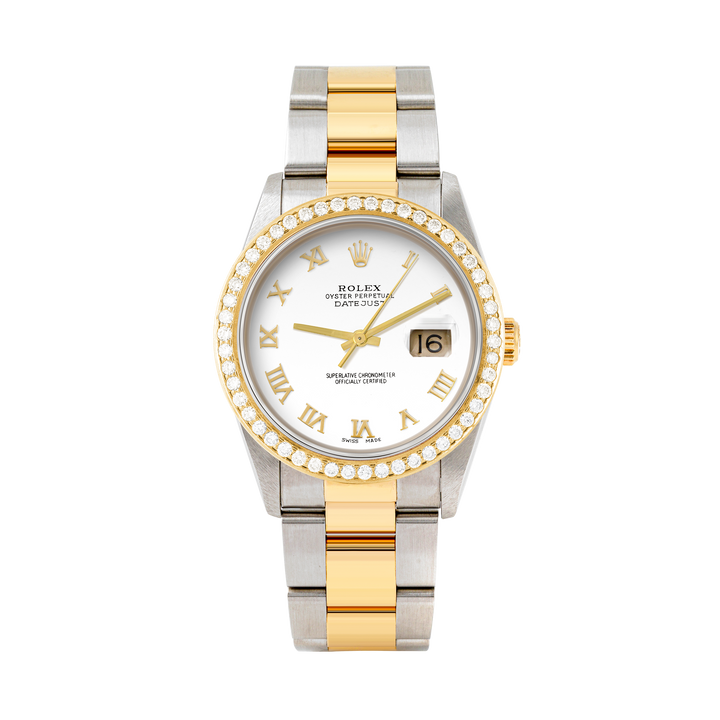 Rolex Datejust 36mm TWO TONE 16233 White Dial | Roman Hour Markers | 1.8ct Diamond Bezel
