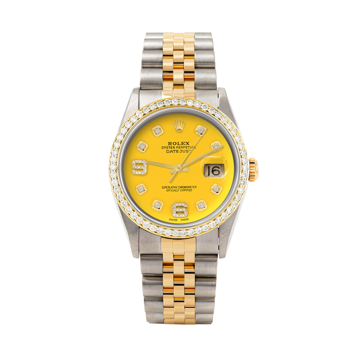 Rolex Datejust 36mm TWO TONE 16233 Yellow Dial |  6&9 Diamond  Hour Markers | 1ct Diamond Bezel