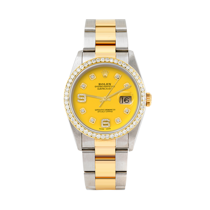 Rolex Datejust 36mm TWO TONE 16233 Yellow Dial |  6&9 Diamond  Hour Markers | 1ct Diamond Bezel