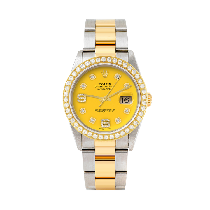 Rolex Datejust 36mm TWO TONE 16233 Yellow  Dial |  6&9 Diamond  Hour Markers | 2ct Diamond Bezel