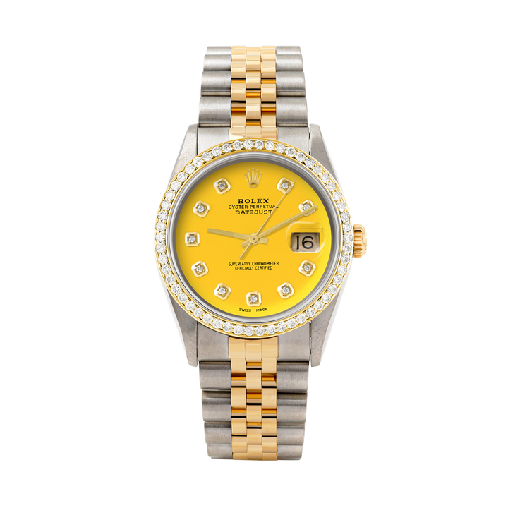 Rolex Datejust 36mm TWO TONE 16233 Yellow  Dial |  Diamond Hour Markers | 1ct Diamond Bezel