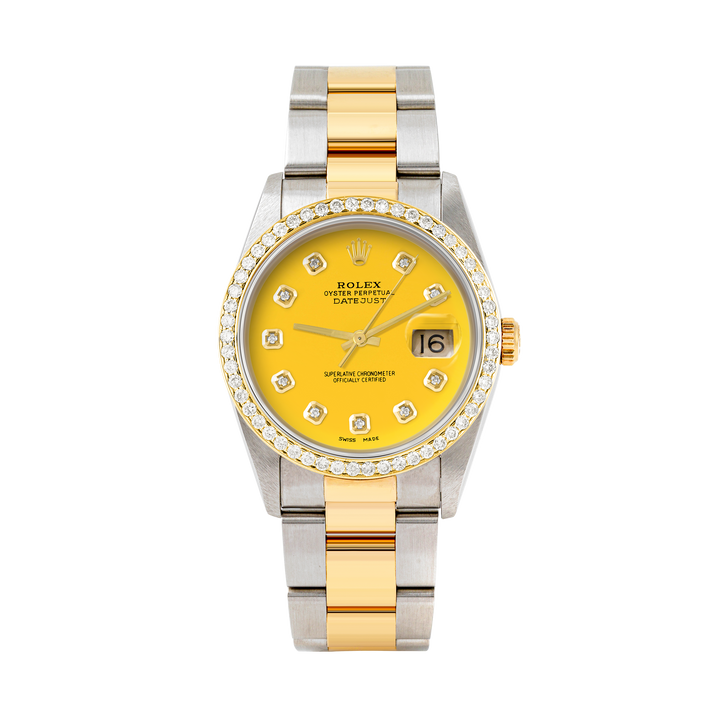 Rolex Datejust 36mm TWO TONE 16233 Yellow  Dial |  Diamond Hour Markers | 1ct Diamond Bezel