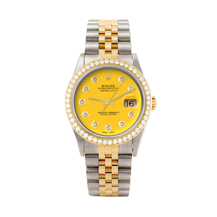 Rolex Datejust 36mm TWO TONE 16233 Yellow Dial | Diamond  Hour Markers | 1.8ct Diamond Bezel