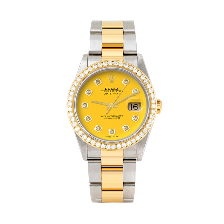 Rolex Datejust 36mm TWO TONE 16233 Yellow Dial | Diamond  Hour Markers | 1.8ct Diamond Bezel
