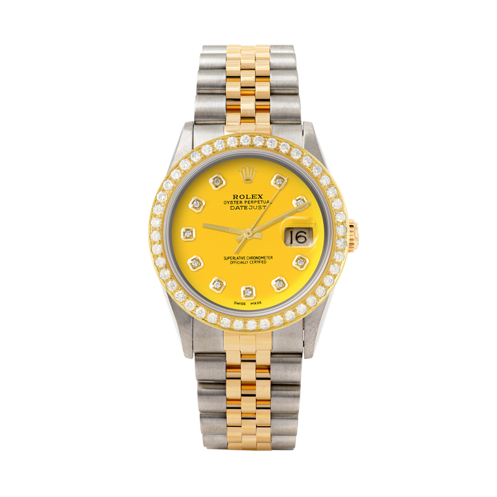Rolex Datejust 36mm TWO TONE 16233 Yellow Dial | Diamond Hour Markers | 2ct Diamond Bezel