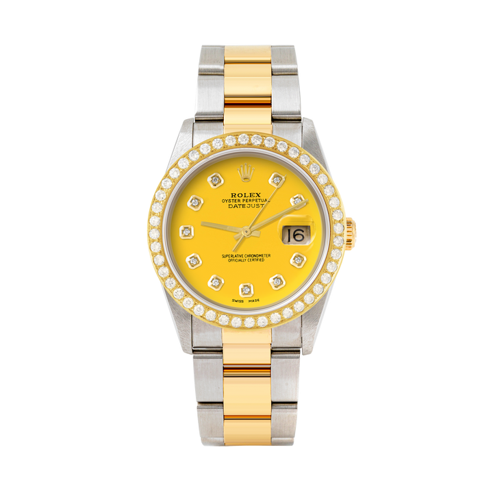 Rolex Datejust 36mm TWO TONE 16233 Yellow Dial | Diamond Hour Markers | 2ct Diamond Bezel