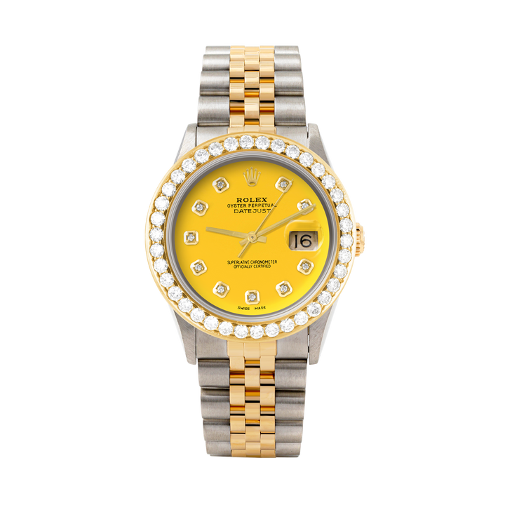 Rolex Datejust 36mm TWO TONE 16233 Yellow Dial | Diamond Hour Markers | 2.5ct Diamond Bezel