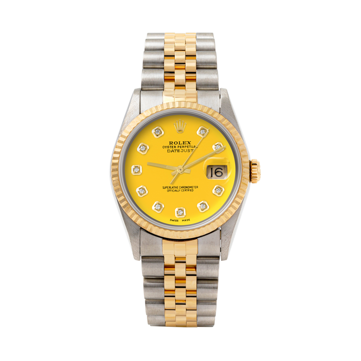 Rolex Datejust 36mm TWO TONE 16233 Yellow  Dial | Diamond  Hour Markers | Fluted Bezel
