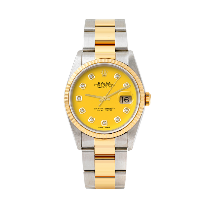 Rolex Datejust 36mm TWO TONE 16233 Yellow  Dial | Diamond  Hour Markers | Fluted Bezel