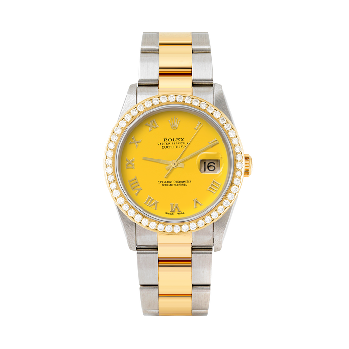 Rolex Datejust 36mm TWO TONE 16233 Yellow  Dial | Roman Hour Markers | 1.8ct Diamond Bezel