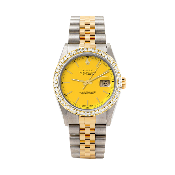Rolex Datejust 36mm TWO TONE 16233 Yellow  Dial |  Stick Hour Markers | 1ct Diamond Bezel