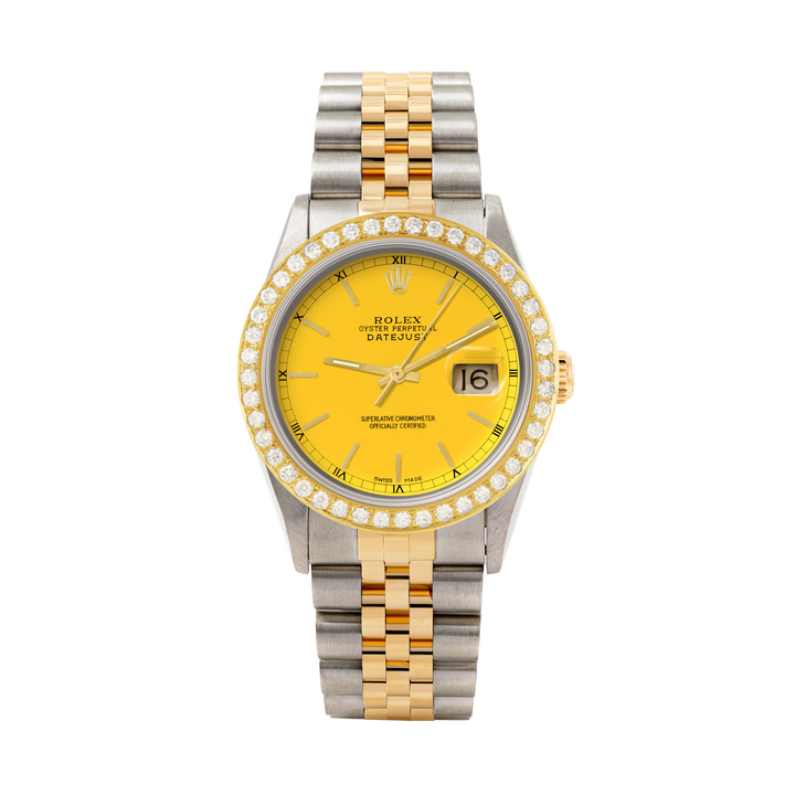 Rolex Datejust 36mm TWO TONE 16233 Yellow Dial | Stick Hour Markers | 2ct Diamond Bezel