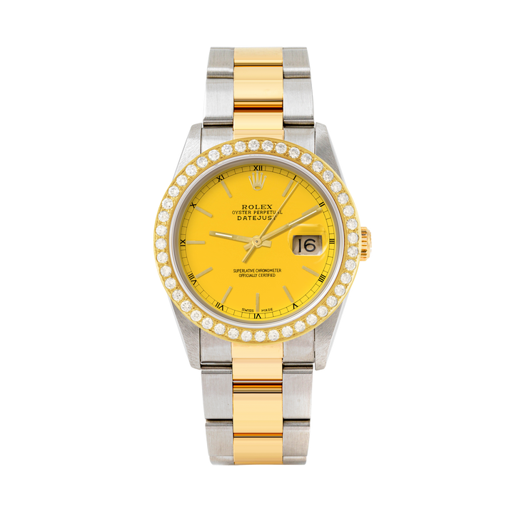 Rolex Datejust 36mm TWO TONE 16233 Yellow Dial | Stick Hour Markers | 2ct Diamond Bezel