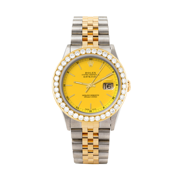 Rolex Datejust 36mm TWO TONE 16233 Yellow Dial | Stick Hour Markers | 2.5ct Diamond Bezel