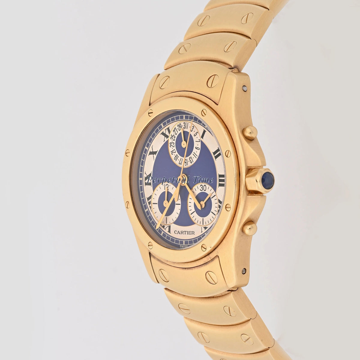 Cartier Santos Ronde Chrono Blue & white Roman Dial on Gold Bracelet W15078G1 Service Card