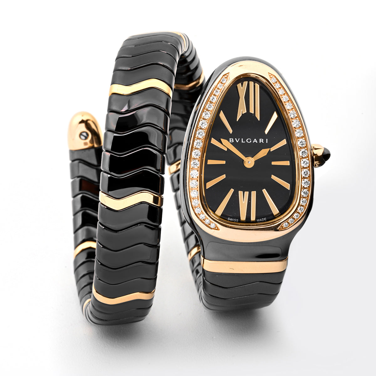Bvlgari Serpenti Black Ceramic & Rose Gold Black Dial One Row SPC35BG