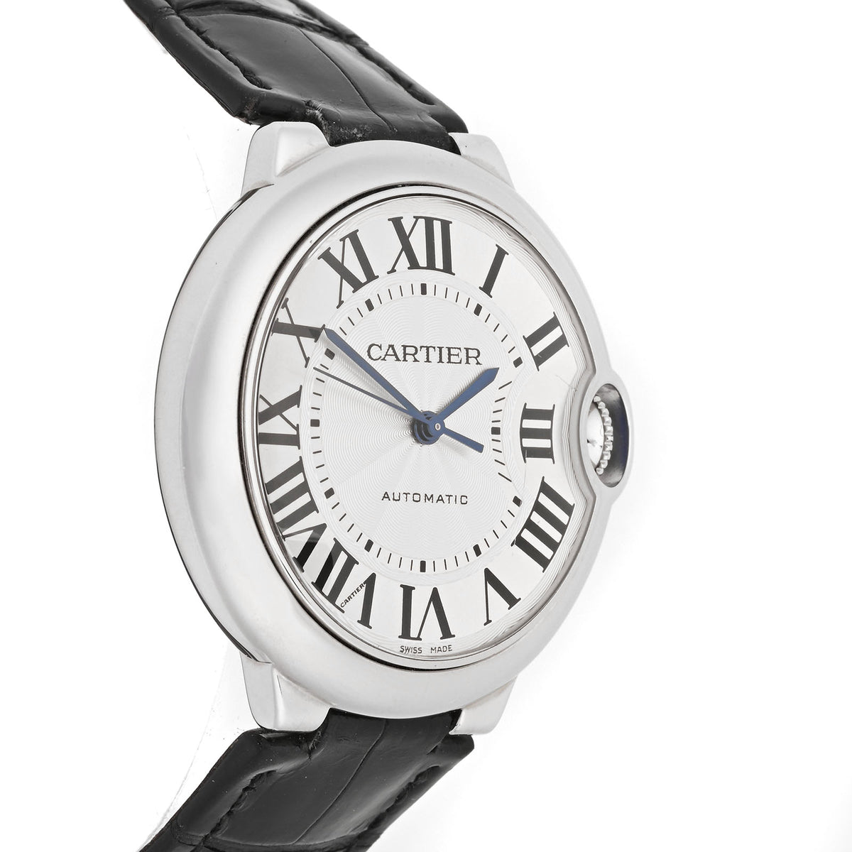 Cartier Ballon Bleu 36mm Stainless Steel Silver Roman Black Leather Band With Deployment Buckle W6920046