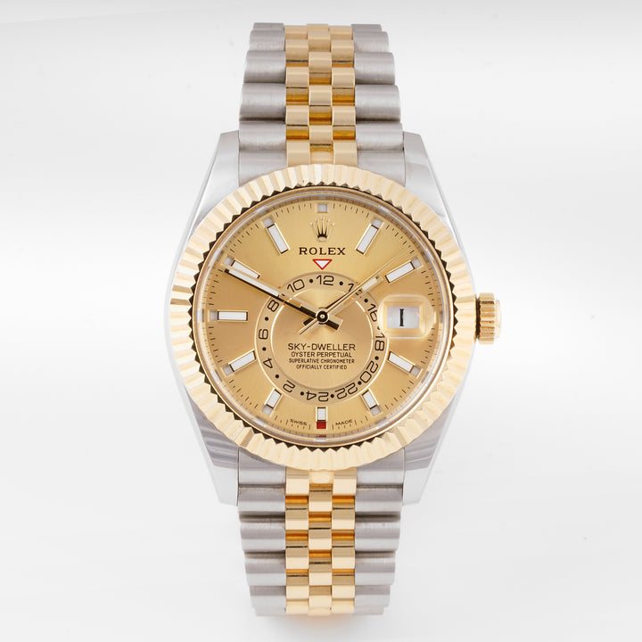 Rolex Sky-Dweller 42mm Stainless Steel & Yellow Gold 326933 Champagne Dial | Index hour markers, Fluted bezel