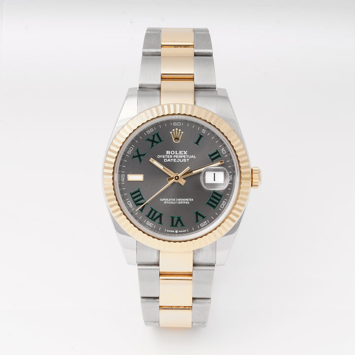 Rolex Datejust  41mm Stainless Steel & Yellow Gold 126333 Wimbledon Dial | Roman Numerals hour markers, Fluted bezel