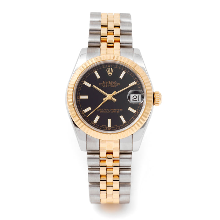 Rolex Datejust 31mm Stainless Steel & Yellow Gold 178273 Black Dial | Index hour markers, Fluted bezel