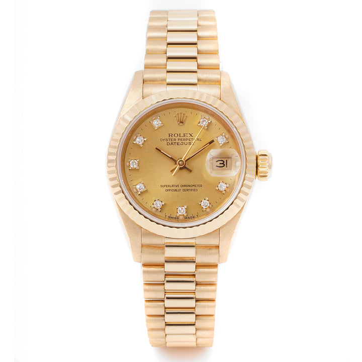 Rolex Lady-Datejust 26mm Yellow Gold 69178 Champagne Dial | Diamond hour markers, Fluted bezel