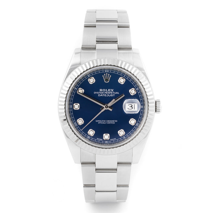 Rolex Datejust II 41mm Stainless Steel & White Gold 126334 Blue Dial | Diamond hour markers, Fluted bezel