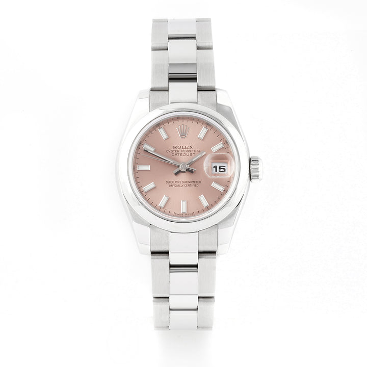 Rolex Lady-Datejust 26mm Stainless Steel 179160 Pink Dial | Index hour markers, Smooth bezel