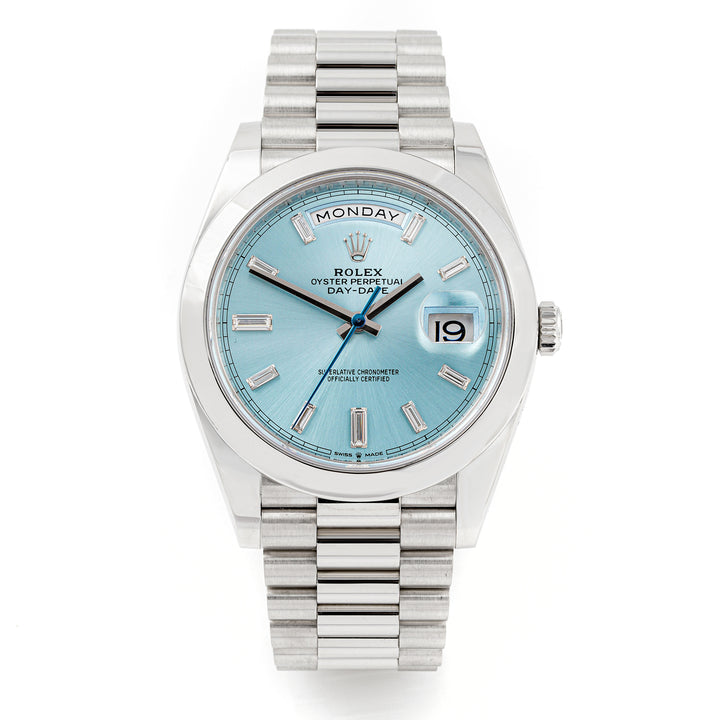 Rolex Day-Date 40 mm Platinum 228206 Ice Blue Dial | Diamond Baguette hour markers, Smooth bezel