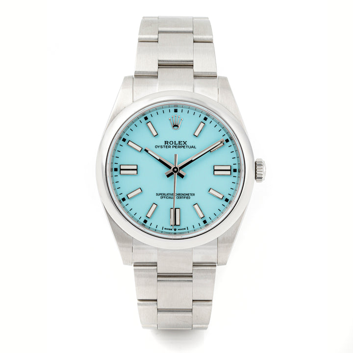 Rolex Oyster Perpetual 41mm Stainless Steel 124300 Turquoise Dial | Index hour markers, Smooth bezel