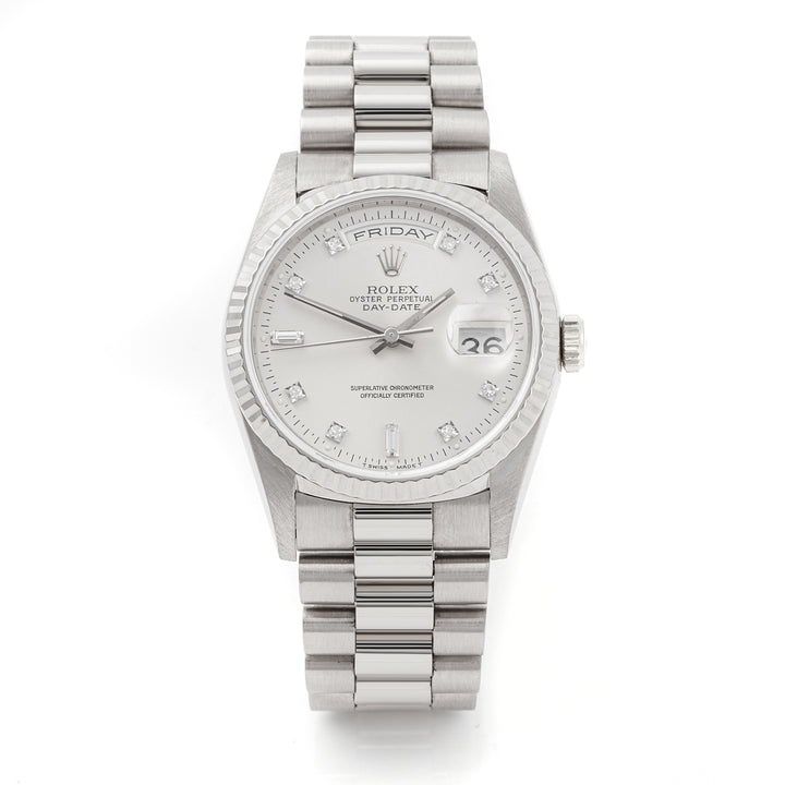 Rolex Day-Date 36mm White Gold 18239 Silver Dial | Diamond hour markers, Fluted bezel