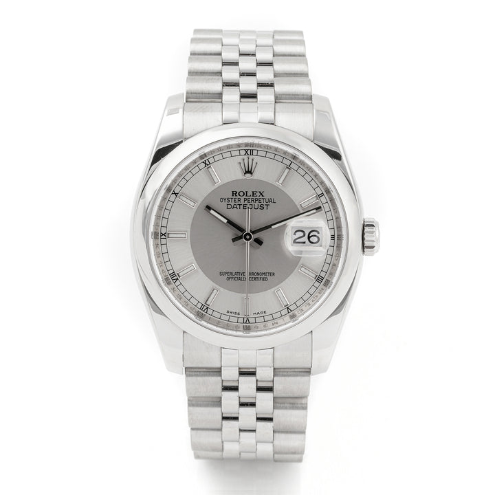 Rolex Datejust 36mm Stainless Steel 116200 Silver Tuxedo Dial | Index hour markers, Smooth bezel