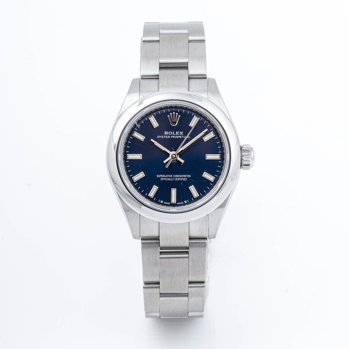 Rolex Oyster Perpetual 28 mm Stainless Steel 276200 Blue Dial | Index hour markers, Smooth bezel