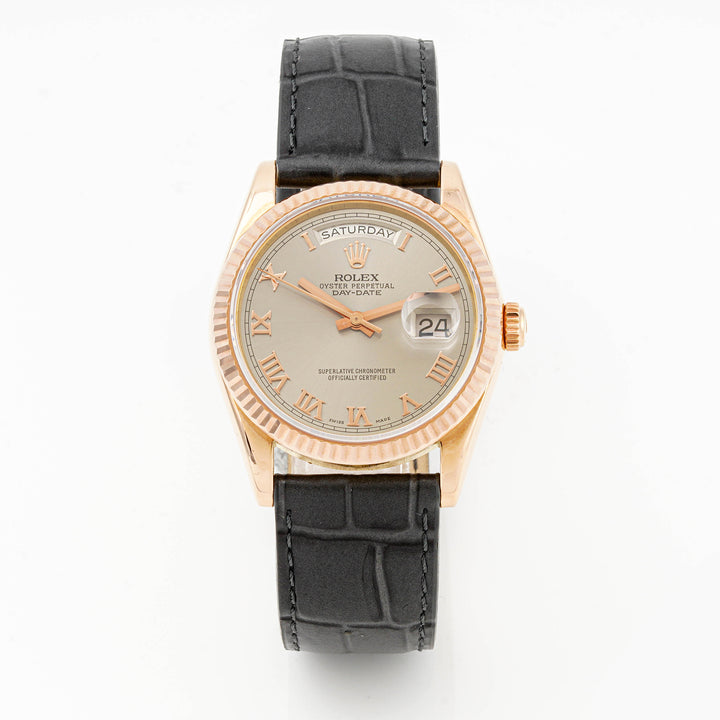 Rolex Day-Date 36 mm Rose Gold 118235 Slate Dial | Roman Numerals hour markers, Fluted bezel